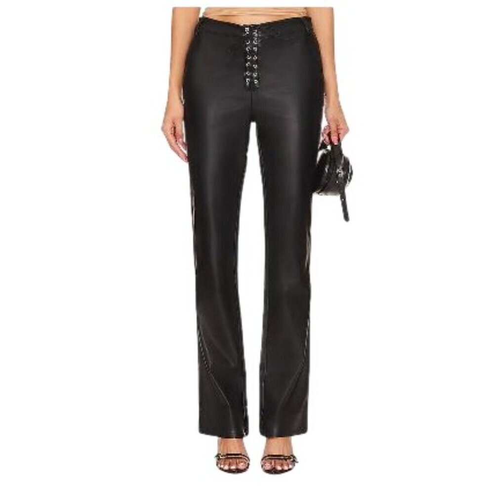 WeWoreWhat Black Vegan Leather Lace Front Pants Size 24 Sleek Design With Belt L - Picture 2 of 5